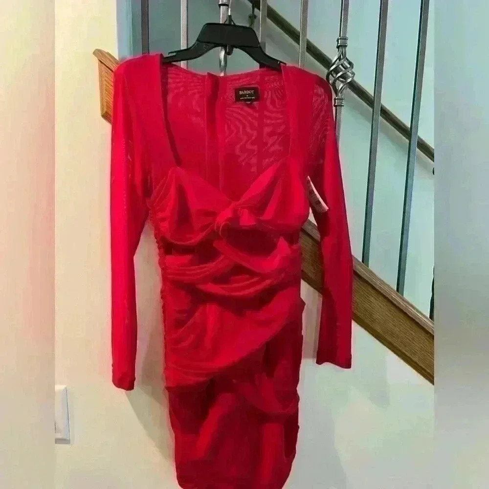 BARDOT Red Pippa Mesh Rose Mini Dress with Long Sleeve - Picture 5 of 6
